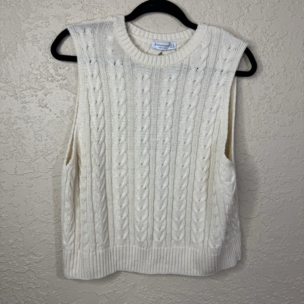Stradivarius Preppy Academia Sweater Vest Womens S Cream Cable Knit Fisherman